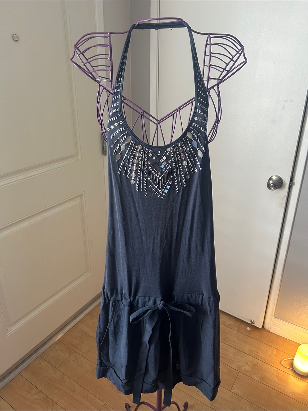 BCBGMaxAzria Navy Embellished Halter Romper